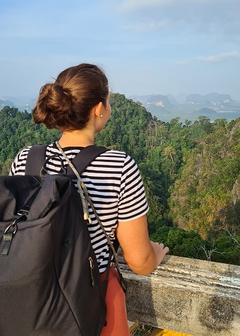 Ausblick vom Tiger Cave Temple Mountain auf Krabi, Thailand... Wunderschöne Kalksteinfelsen und Dschungel