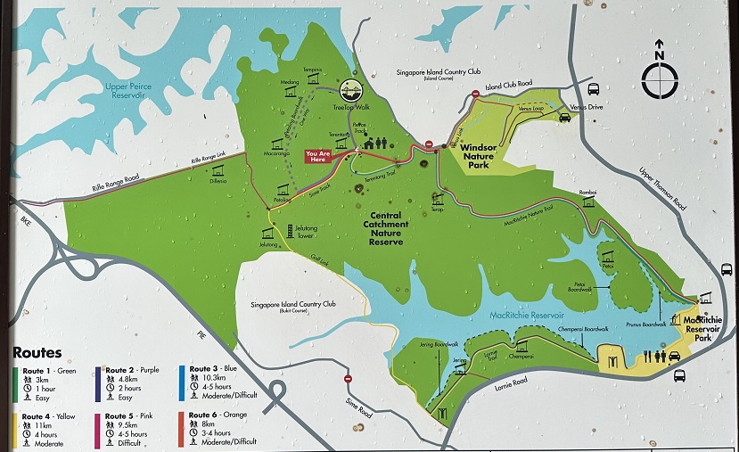 Karte des MacRitchie Reservoir Park in Singapur: Verschiedene Trails, Stausee und TreeTop Walk